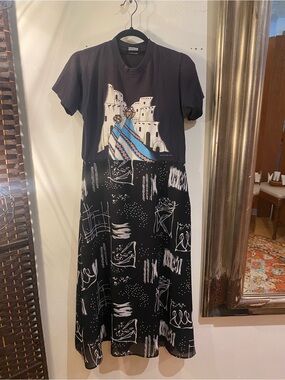 OOAK Upcycled Taos Pueblo Black Graphic Print Women’s Dress with Blue Accent